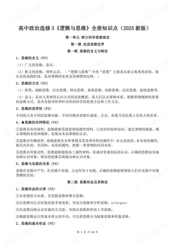 高中政治-选修三新版全册知识点总结《逻辑与思维》 - 言心吖资料库-言心吖资料库