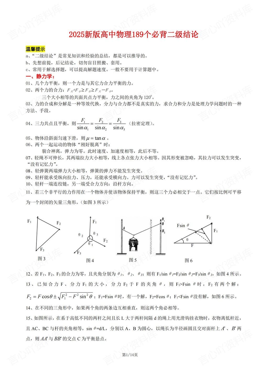 高中物理-高考复习189个必背掌握结论汇总高考物理复习-言心吖资料库