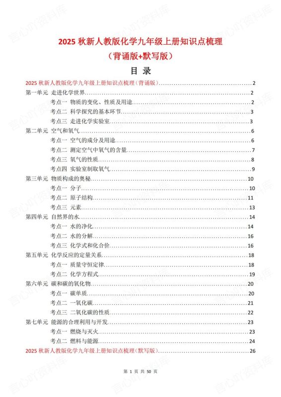 初中化学-九年级上新教材人教初三上章节知识汇总梳理背诵/默写 - 言心吖资料库-言心吖资料库