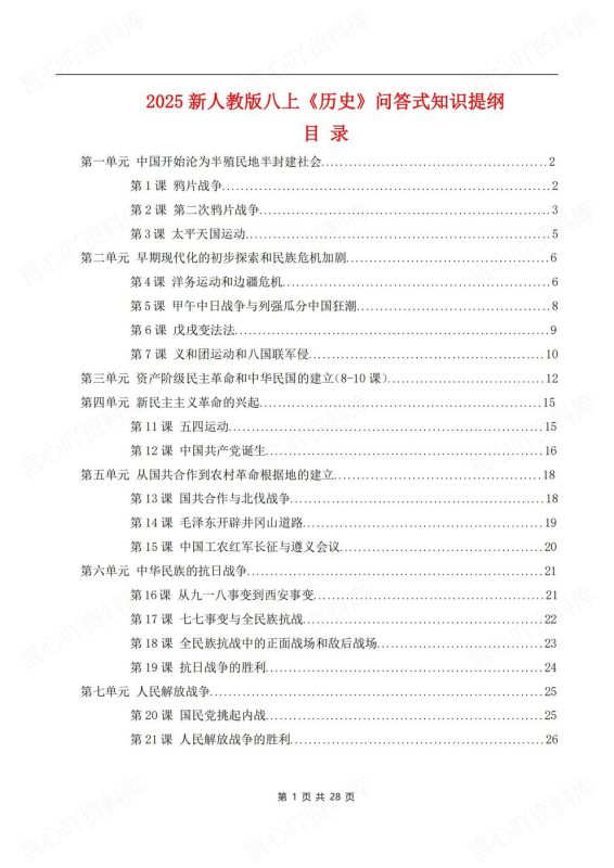 初中历史-八年级上新教材初二上册问答式知识提纲梳理 - 言心吖资料库-言心吖资料库
