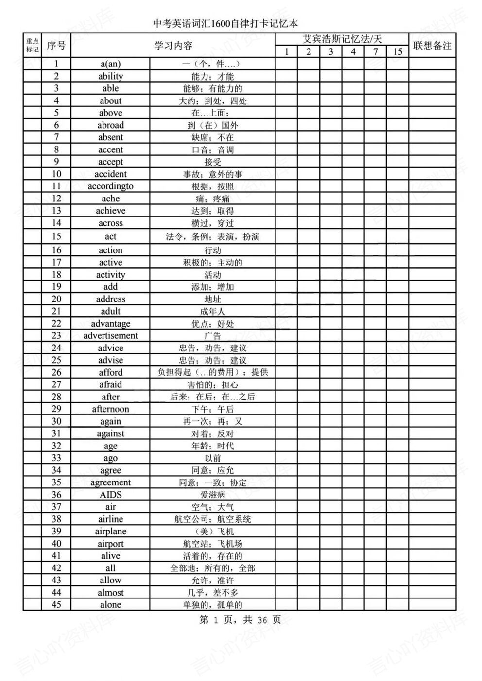 初中英语-中考考纲1600单词记忆词汇表-言心吖资料库