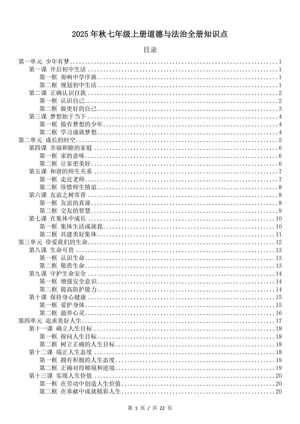 初中道法-七年级上新教材统编初一上全册知识点归纳-言心吖资料库