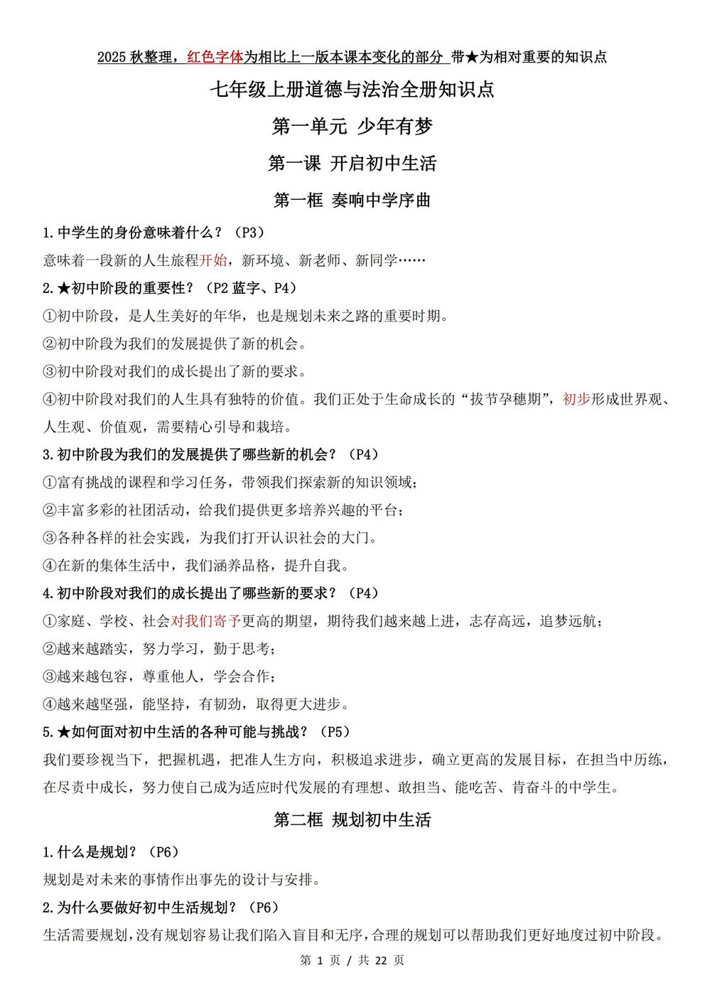 初中道法-七年级上新教材统编初一上全册知识点归纳插图初中道法1