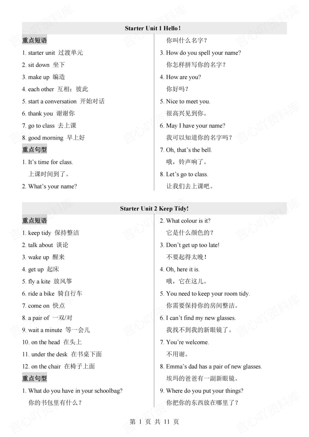 初中英语-七年级上新教材人教初一上重点短语句型归纳汇总（全）-言心吖资料库