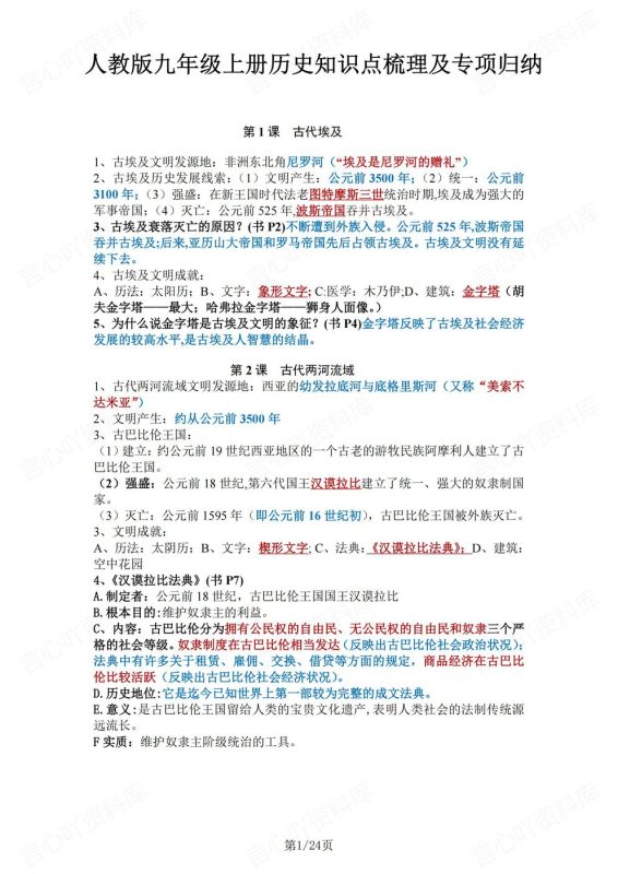 初中历史-九年级上人教统编版初三上册逐课知识点汇总梳理 - 言心吖资料库-言心吖资料库