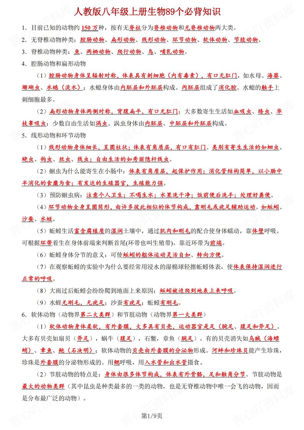 初中生物-八年级上人教版初二上册89个必背知识精简提炼（全）-言心吖资料库