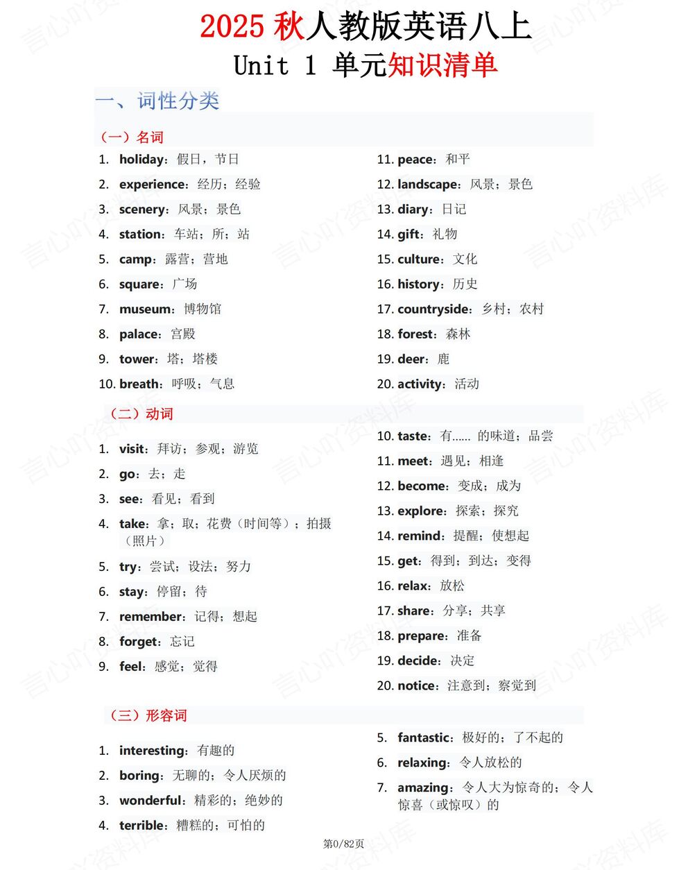 初中英语-八年级上新教材人教初二上U1-U8单元知识清单背诵/默写-言心吖资料库