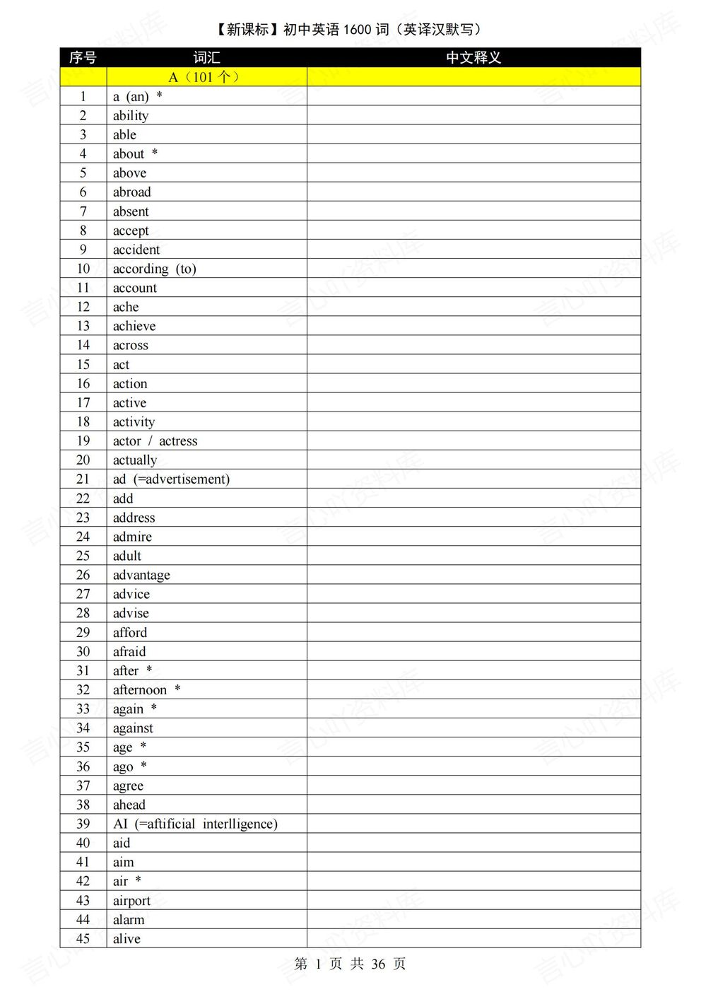 初中英语-1600词新课标中考单词汇总1600词英译汉默写版-言心吖资料库