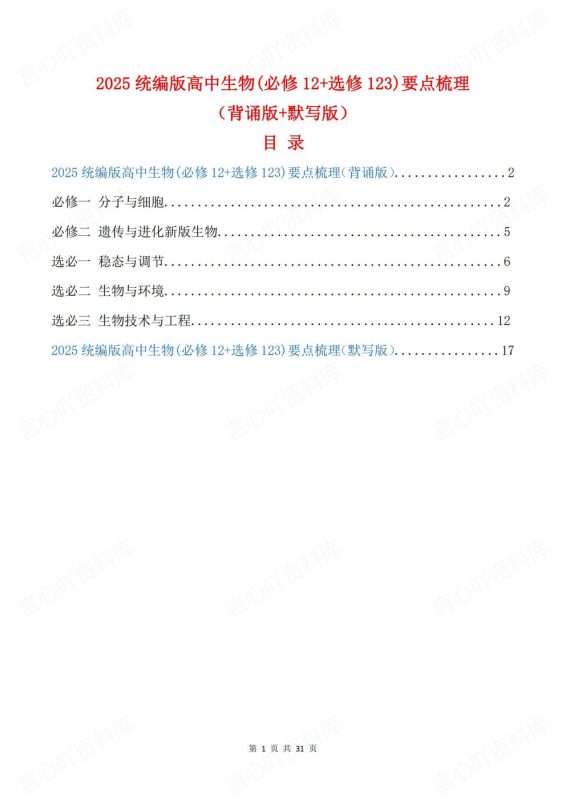 高中生物-必修选修知识要点梳理汇总必修选修5册教材背诵默写版 - 言心吖资料库-言心吖资料库