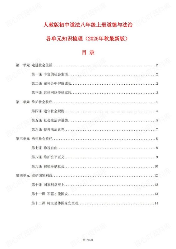 初中道法-八年级上新教材初二上册单元知识清单汇总梳理最新版 - 言心吖资料库-言心吖资料库