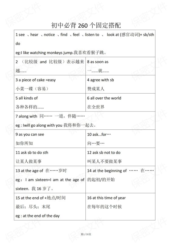 初中英语-260个必背常见固定搭配表格汇总通用版（全） - 言心吖资料库-言心吖资料库