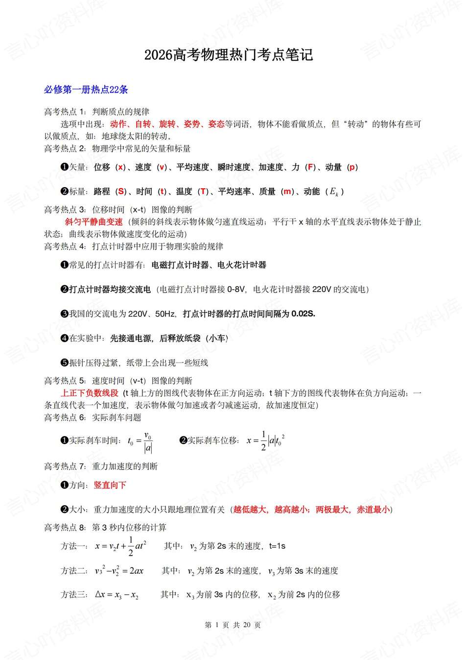 高中物理-考点笔记必修选必重要考点汇总高考知识梳理-言心吖资料库