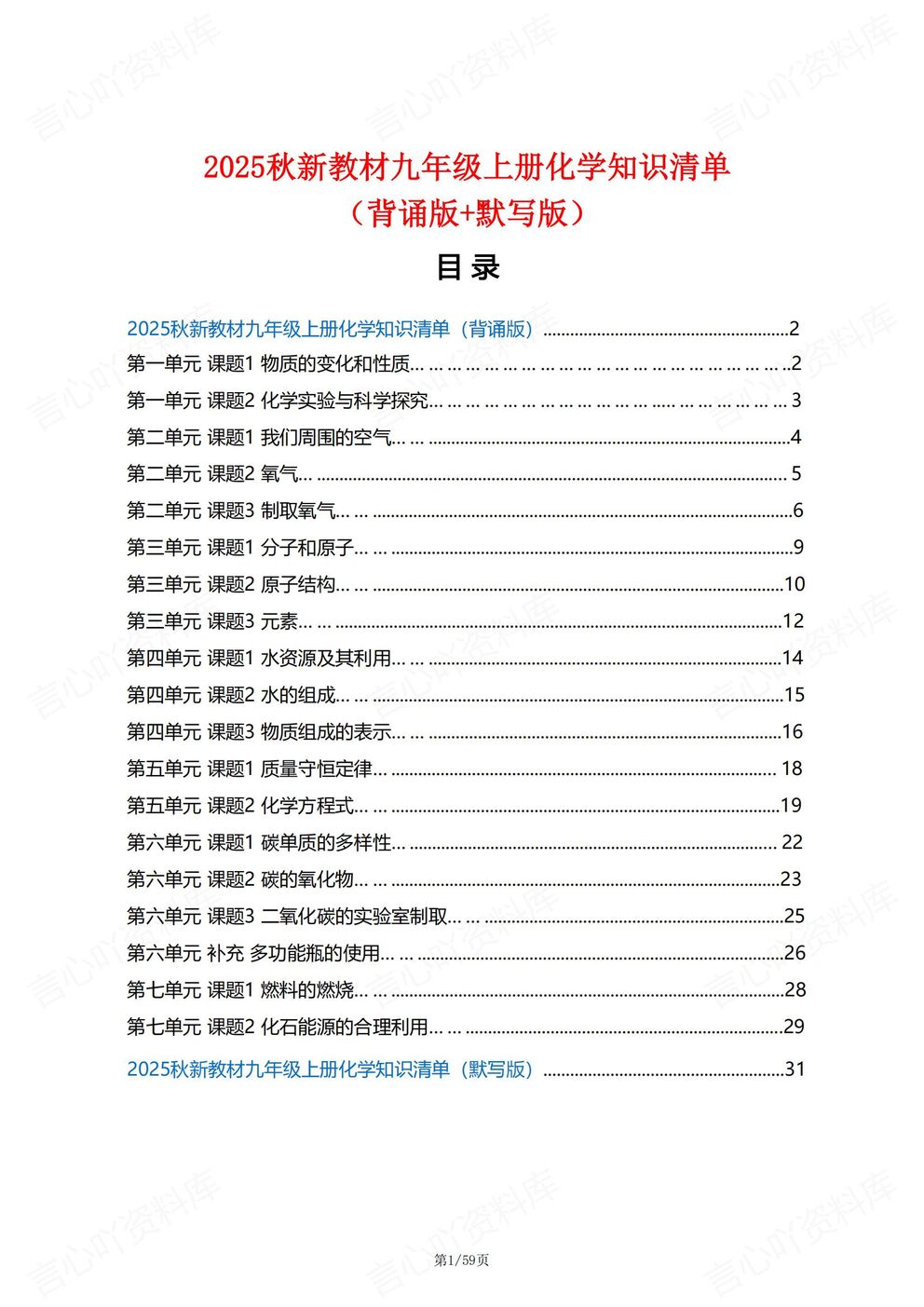 初中化学-九年级上新教材人教初三上单元知识清单总结背诵/默写-言心吖资料库