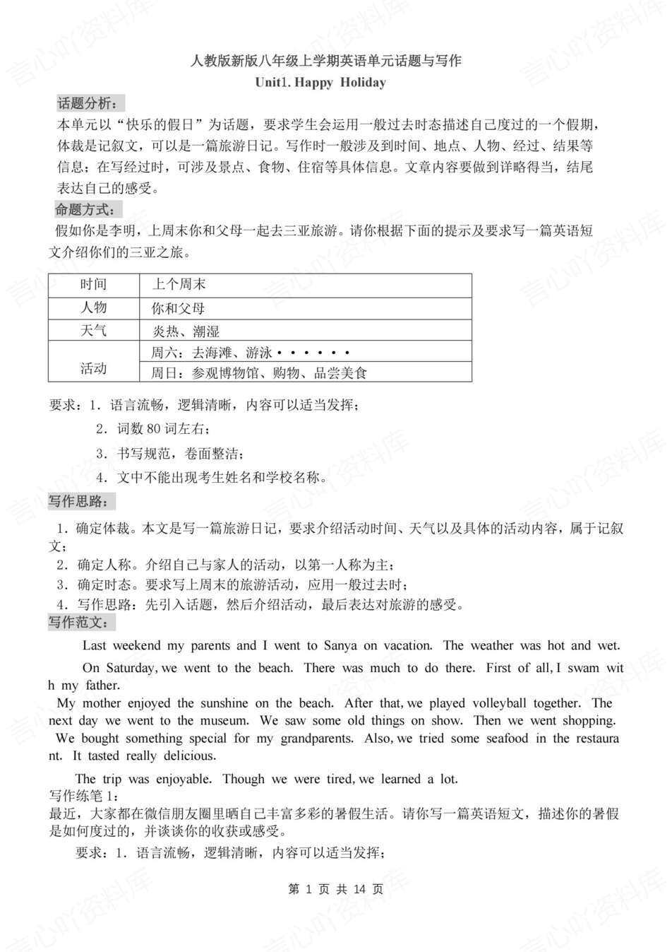 初中英语-八上单元单元话题作文及范文汇总新教材人教初二上作文复习-言心吖资料库