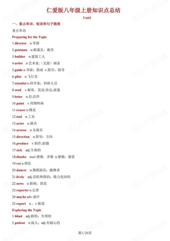 初中英语-八年级上单元知识点归纳梳理新教材仁爱版初二上 - 言心吖资料库-言心吖资料库