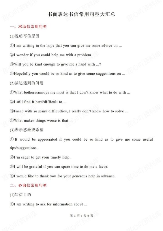 高中英语-书面表达汇总集锦（全）多类型书信常用句型（全） - 言心吖资料库-言心吖资料库