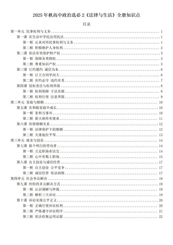 高中政治-选必二章节知识点归纳总结选必2《法律与生活》25秋新 - 言心吖资料库-言心吖资料库