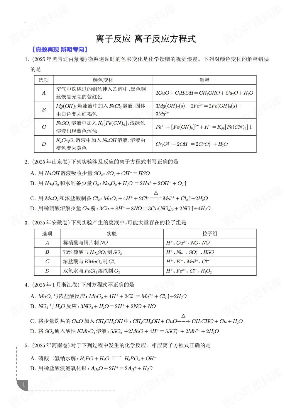 高中化学-离子反应离子反应/离子方程式高考真题模拟题专项练习含解析-言心吖资料库