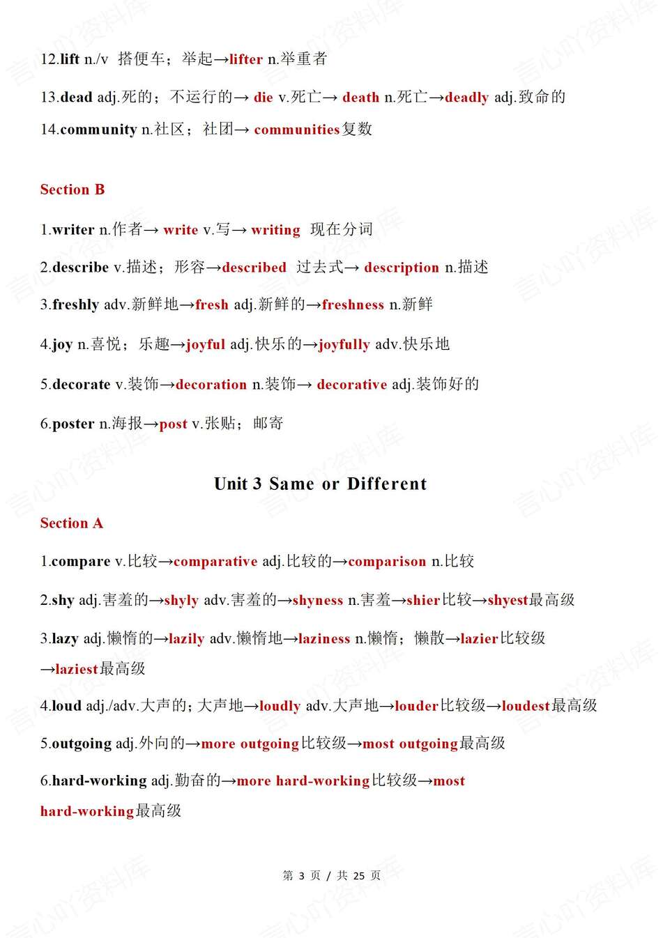 初中英语-八年级上单元重点词汇词性转换新教材人教版初二上复习背诵默写版插图初中英语1