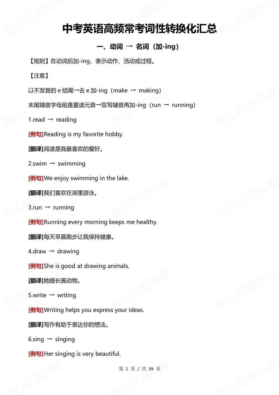 初中英语-词性转换中考高频常考常见词性转化汇总新中考专项复习-言心吖资料库