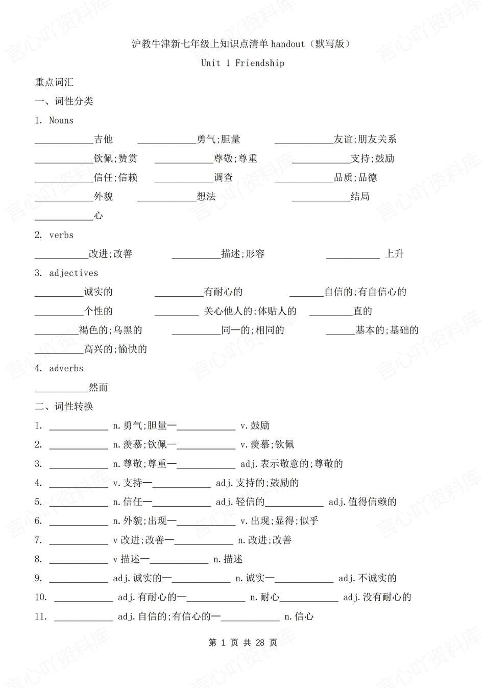 初中英语-七年级上知识总结梳理背诵默写版新教材沪教初一上复习-言心吖资料库