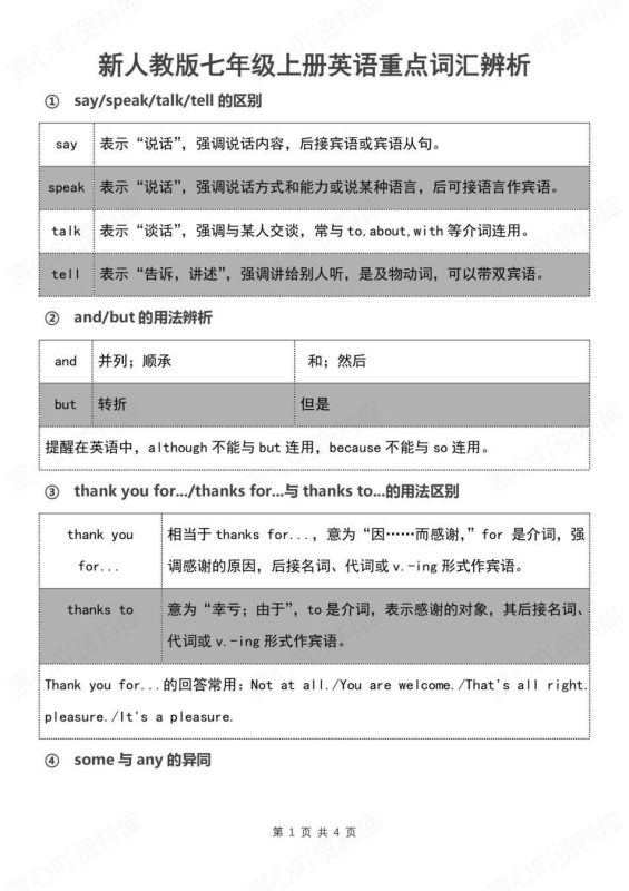 初中英语-七年级上新初一重点词汇辨析知识汇总（全） - 言心吖资料库-言心吖资料库