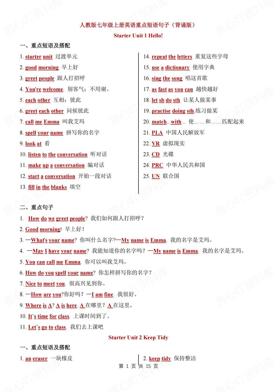 初中英语-七上重点单元短语句子背诵填空版新教材人教初一上复习-言心吖资料库