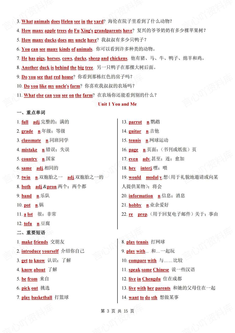 初中英语-七上重点单元短语句子背诵填空版新教材人教初一上复习插图初中英语1
