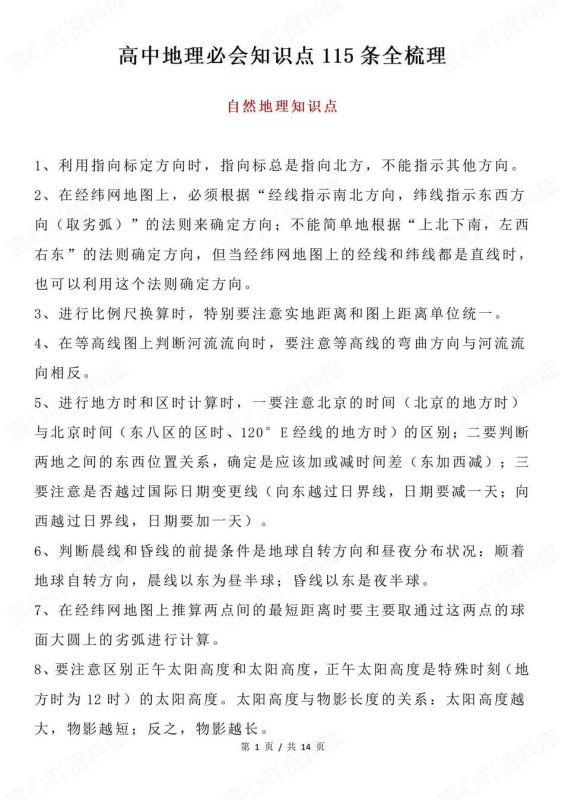 高中地理-精简重点115条精炼汇总专项复习梳理自然/人文/可持续发展 - 言心吖资料库-言心吖资料库