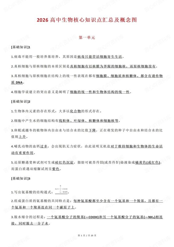高中生物-基础知识按单元核心知识汇总重点知识复习划线 - 言心吖资料库-言心吖资料库
