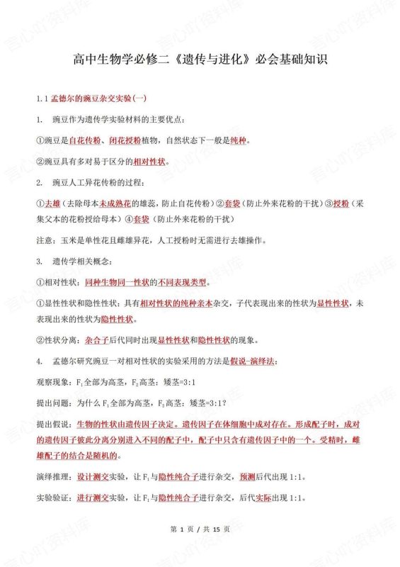 高中生物-必修二重点划线基础知识总结《遗传与进化》专项 - 言心吖资料库-言心吖资料库