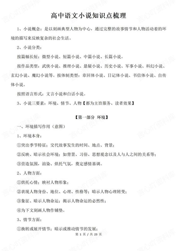 高中语文-小说知识概念分类要素等知识总结专题知识复习 - 言心吖资料库-言心吖资料库